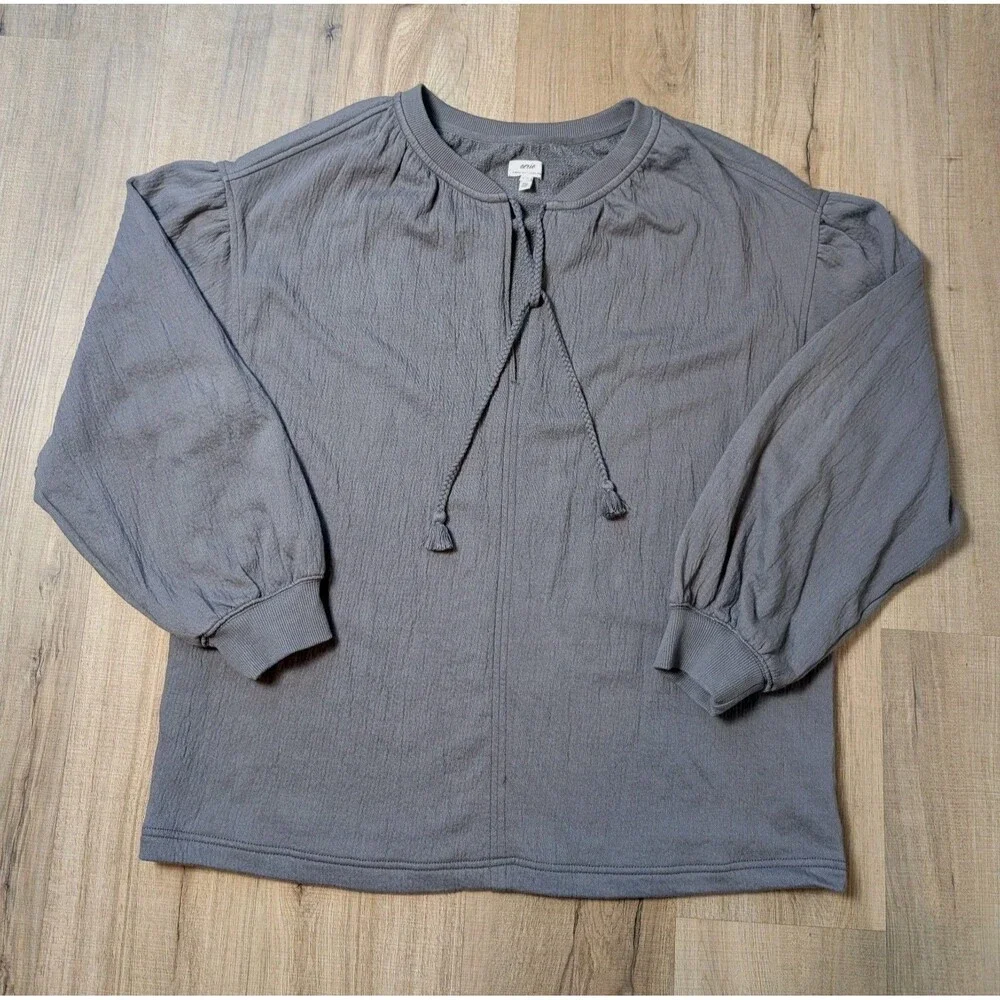 NWOT Aerie Size M Easy Street Gauze Sweatshirt  Tassel Tie Grey Oversized Boho - Picture 10 of 11